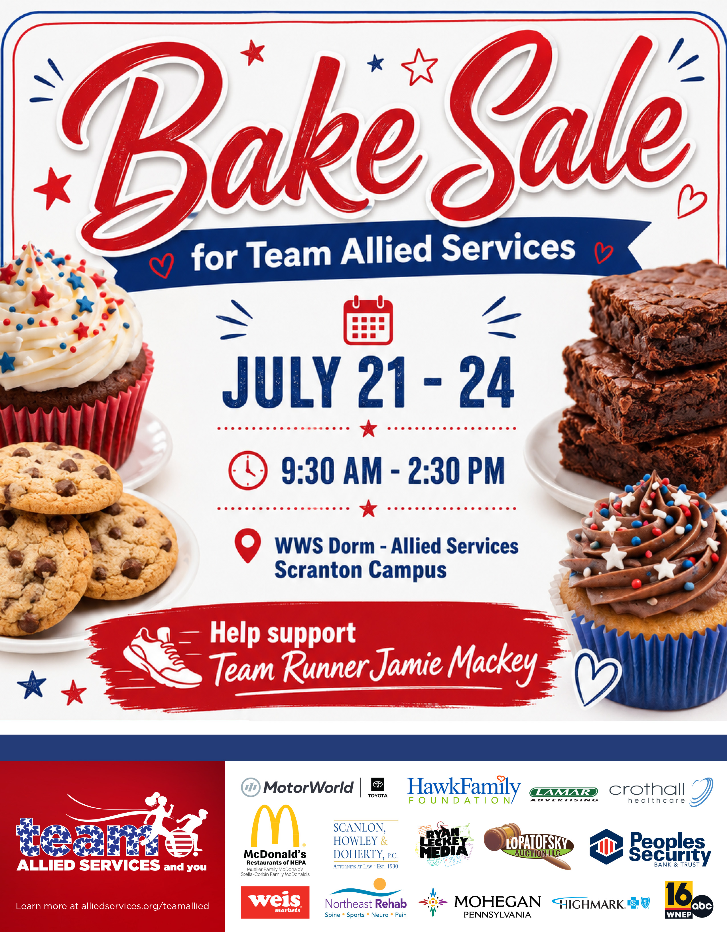 Poster for Bake Sale Event featuring cupcakes and cookies
